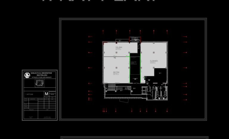 2D office floor plan for the BioIzmir building showing furniture layouts, elevator core, and structural grid.