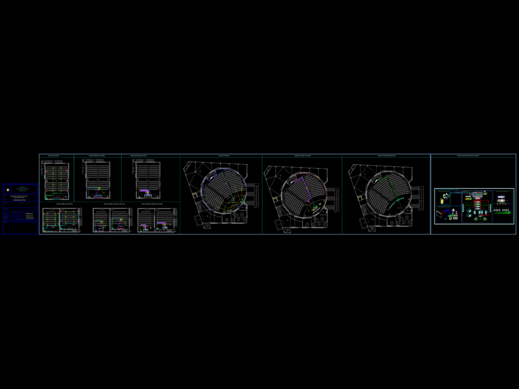 CAD layouts for conference hall sound systems, stage lighting, and electronic riser diagrams for multiple auditorium sizes.