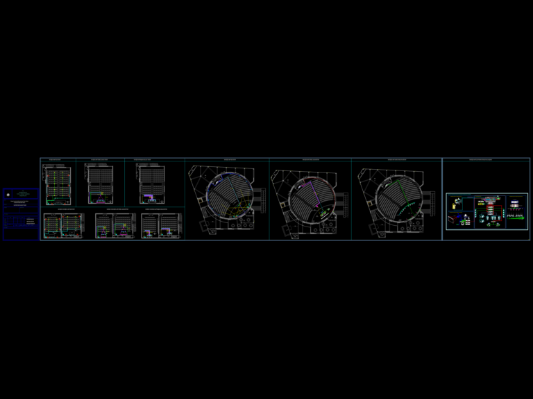 CAD layouts for conference hall sound systems, stage lighting, and electronic riser diagrams for multiple auditorium sizes.