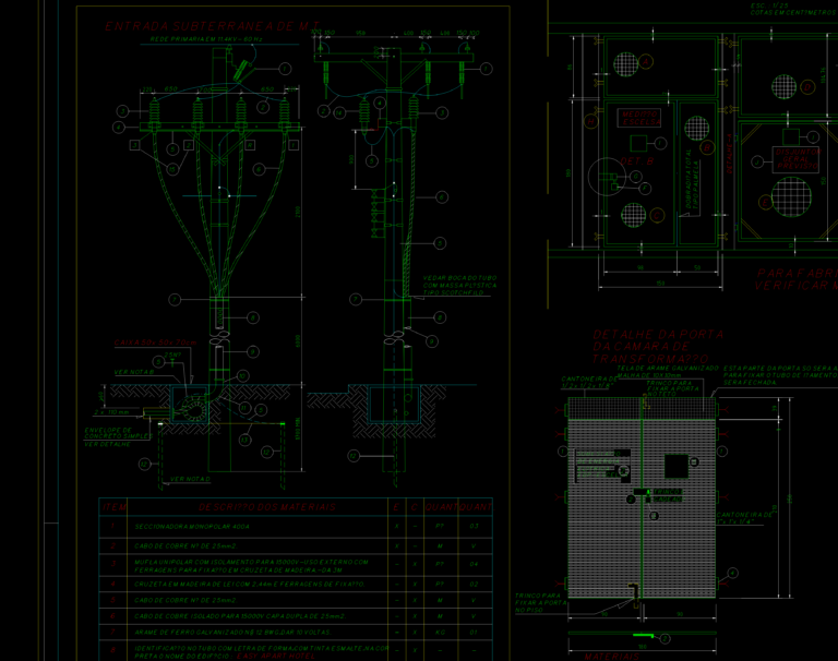 CAD technical drawing of an 11.4kV underground entrance pole, transformer room door details, and material table.
