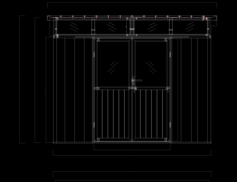 Perspective CAD wireframe of a 9x7 garden shed with double glazed doors, clerestory windows, and vertical timber siding.