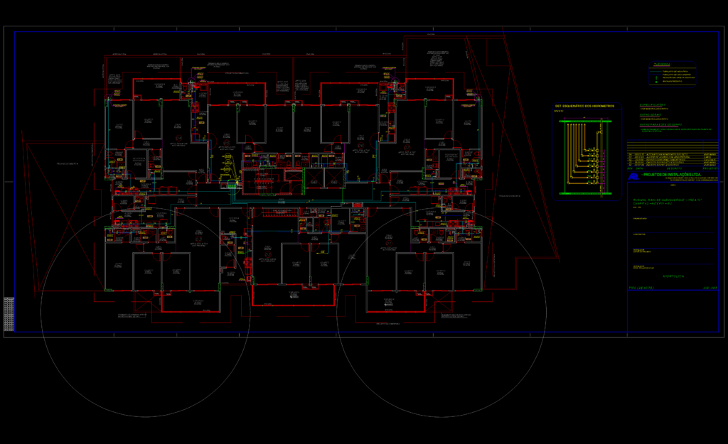 Hydraulic installation plan for a residential floor with cold and hot water piping and water meter schematic detail.