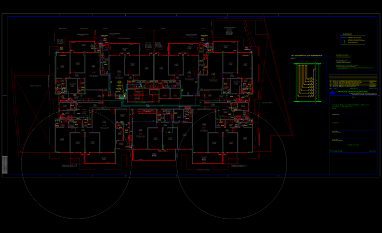 Hydraulic installation plan for a residential floor with cold and hot water piping and water meter schematic detail.