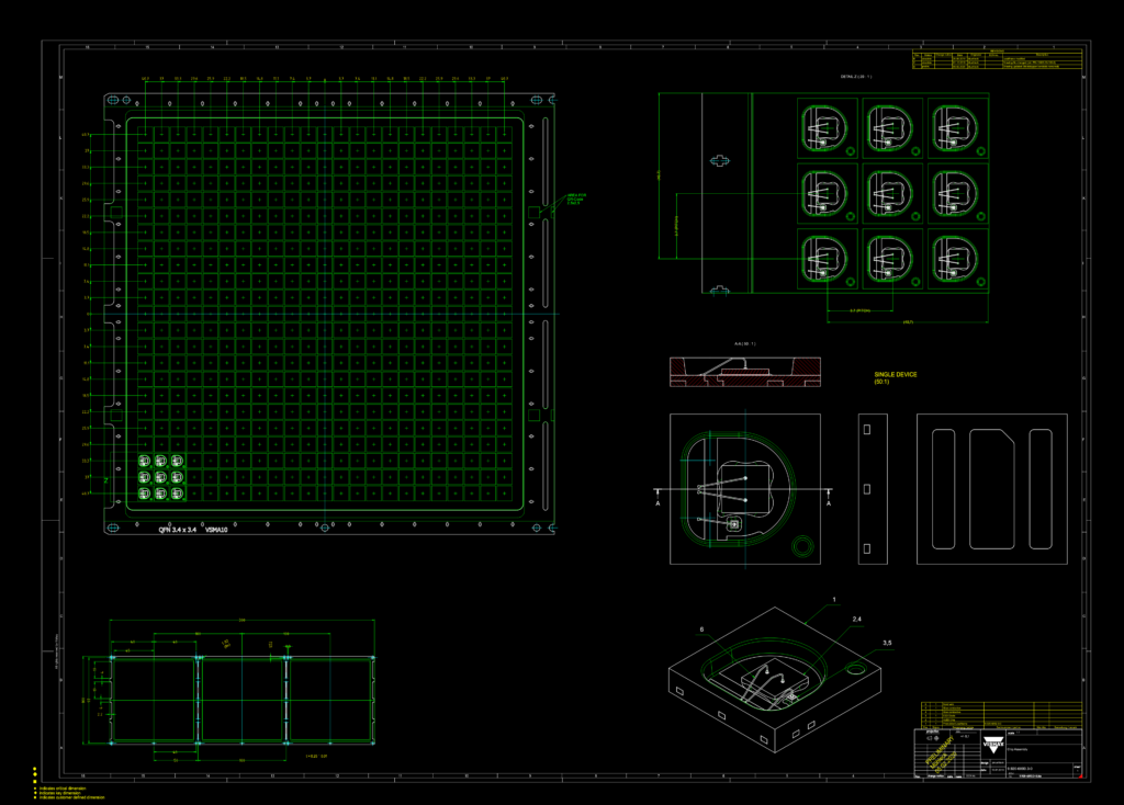 CAD drawing of QFN chip assembly showing leadframe layout, detail views at 20:1 and 50:1, and sectional assembly diagrams.