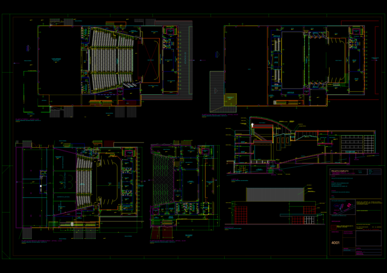 Architectural CAD sheet featuring four theater floor plans, a longitudinal auditorium section, and a facade elevation.