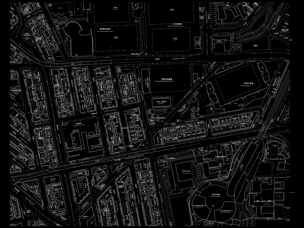 CAD urban survey plan of Mong Kok, Hong Kong, showing building footprints, Prince Edward Road, and Mong Kok Stadium.