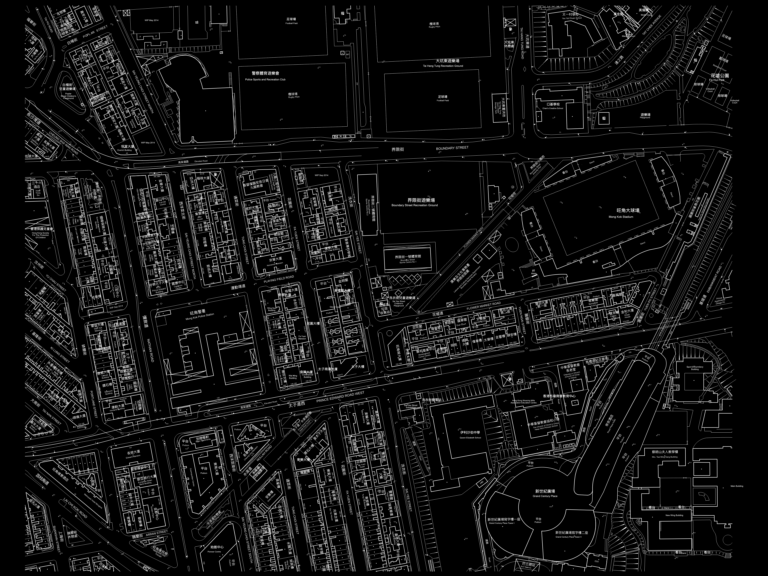 CAD urban survey plan of Mong Kok, Hong Kong, showing building footprints, Prince Edward Road, and Mong Kok Stadium.