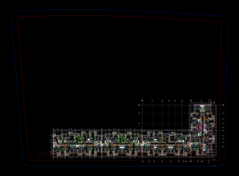 CAD drawing of a multi-unit residential floor plan showing apartment layouts with furniture arrangements.