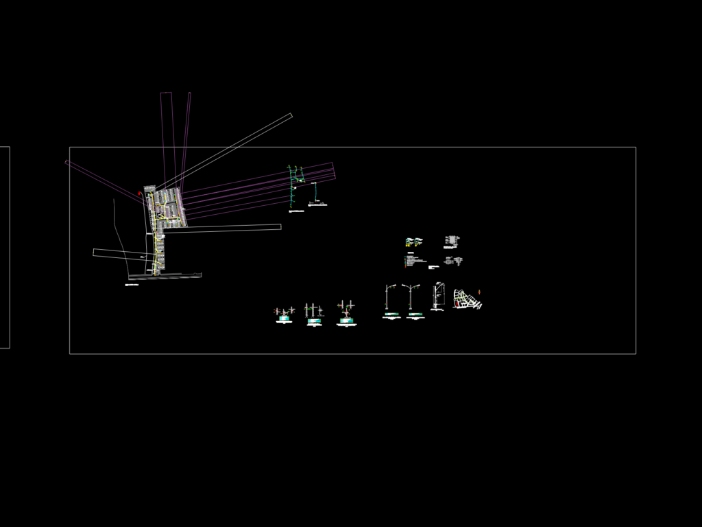 Public lighting CAD layout featuring 9m pole elevations, type C underground chambers, and single line electrical diagrams.
