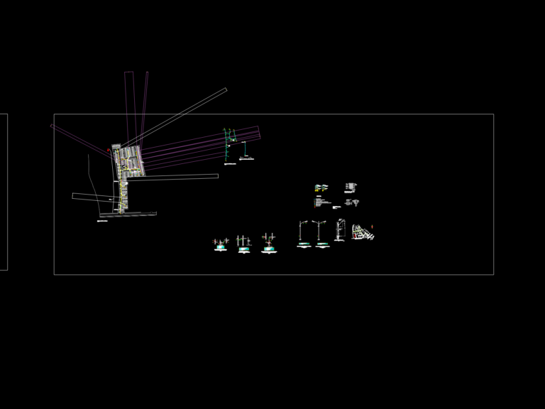 Public lighting CAD layout featuring 9m pole elevations, type C underground chambers, and single line electrical diagrams.