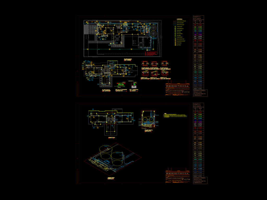 CAD floor plans and isometric plumbing details for a residence, showing drainage, grease traps, and water tank piping.