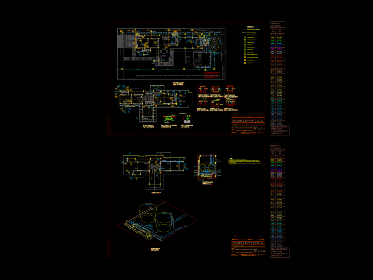 CAD floor plans and isometric plumbing details for a residence, showing drainage, grease traps, and water tank piping.
