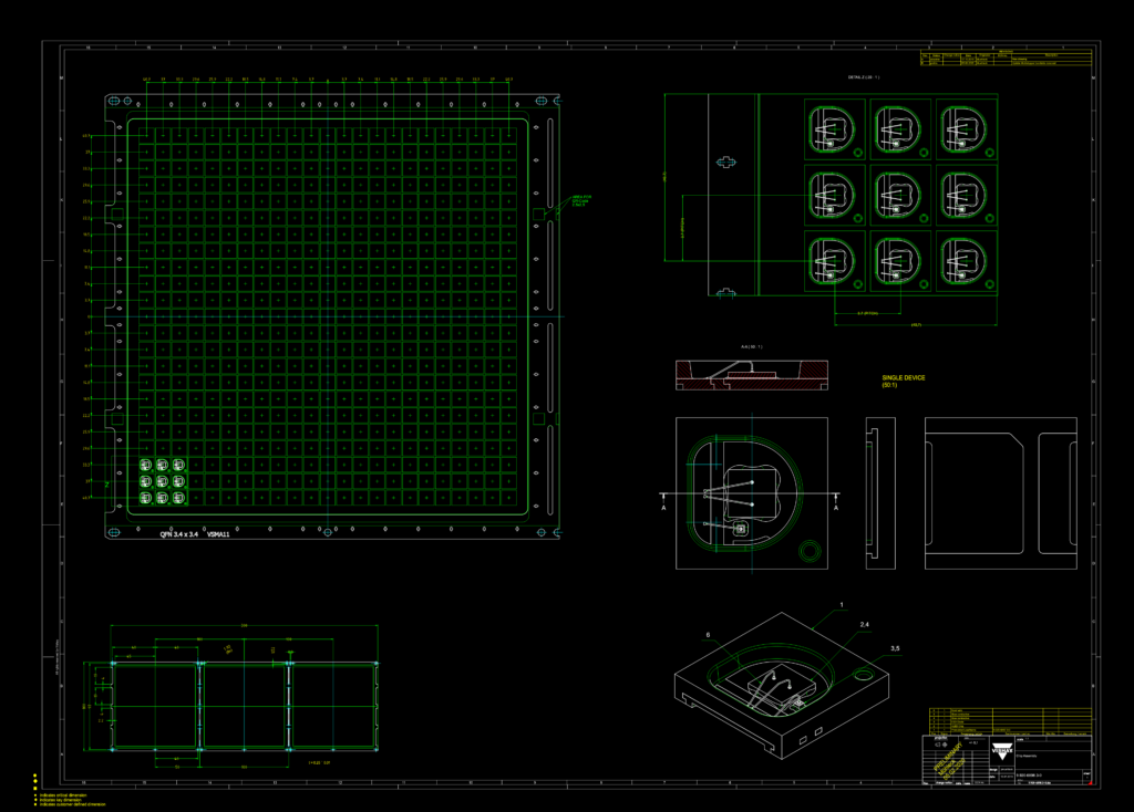 Technical CAD sheet showing Vishay VSMA11 QFN assembly with tray grid, cross-sections, and isometric component detail.