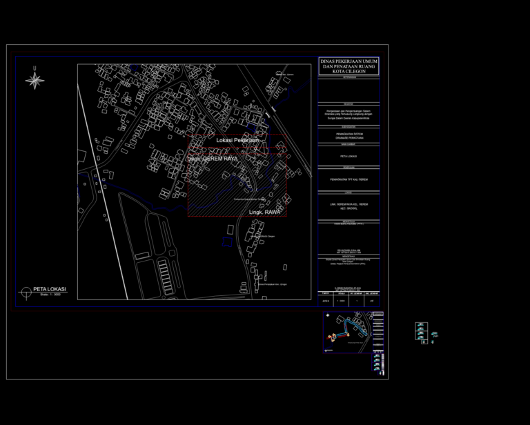 CAD site plan of the Kali Gerem river bank area showing surrounding buildings and infrastructure project location.