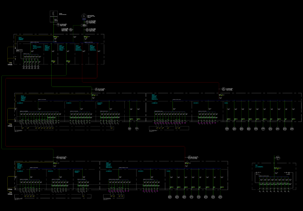 Unilineal electrical schematic for building services including panels for laundry, lighting, and power distribution.