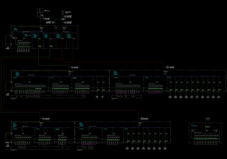 Unilineal electrical schematic for building services including panels for laundry, lighting, and power distribution.
