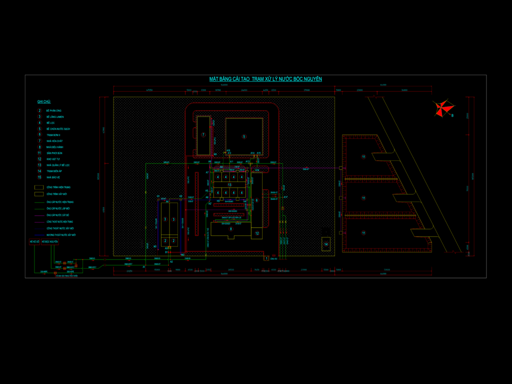 CAD site plan for the Boc Nguyen water treatment station renovation featuring tanks, piping layout, and sludge drying beds.