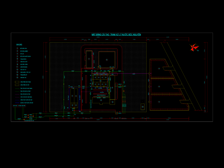 CAD site plan for the Boc Nguyen water treatment station renovation featuring tanks, piping layout, and sludge drying beds.