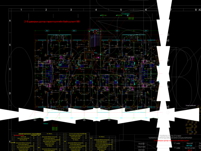 Interior lighting layout floor plan for a residential apartment block with electrical circuits and room schedule.