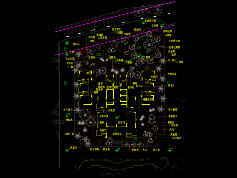 Landscape planting design plan for a residential plot showing building footprints and labeled vegetation in CAD.