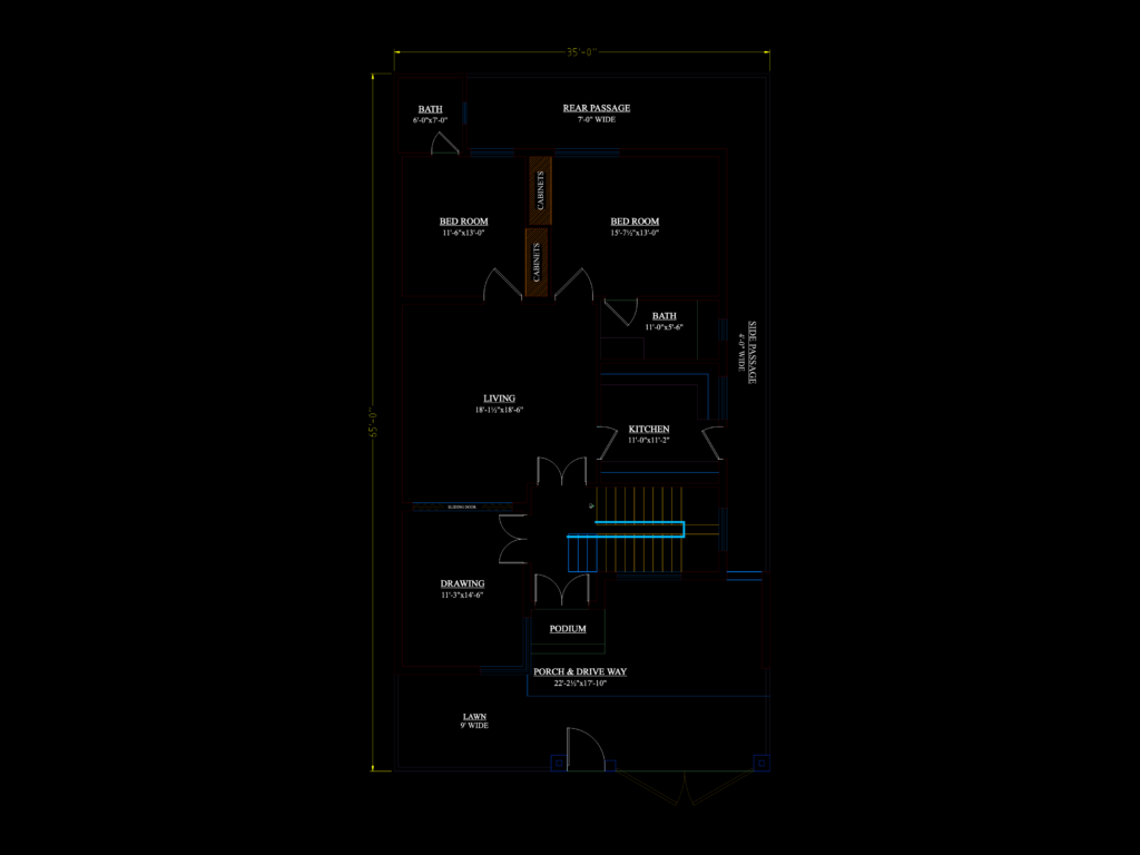Architectural ground floor plan for a 10 Marla 35'x65' residential house showing rooms, porch, and lawn dimensions.