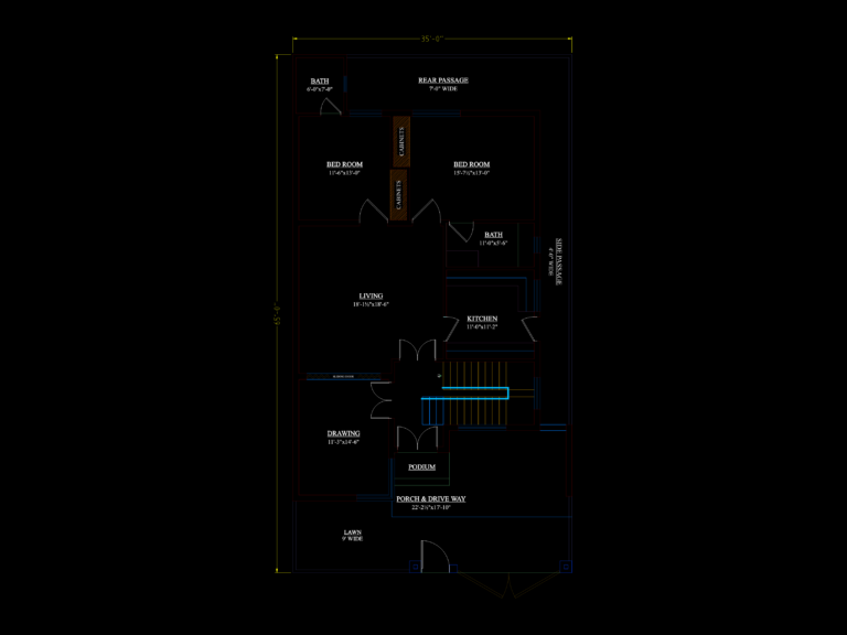 Architectural ground floor plan for a 10 Marla 35'x65' residential house showing rooms, porch, and lawn dimensions.