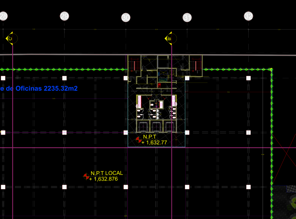 Architectural CAD plan of an office tower floor showing structural grid, elevator core, restrooms, and column layout.