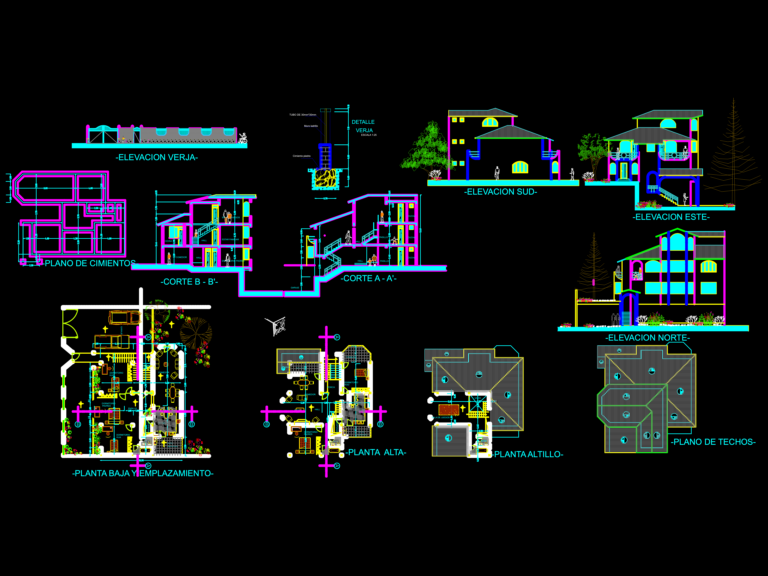 Architectural CAD drawings for a 3-story house featuring floor plans, foundation layout, sections, and elevations.