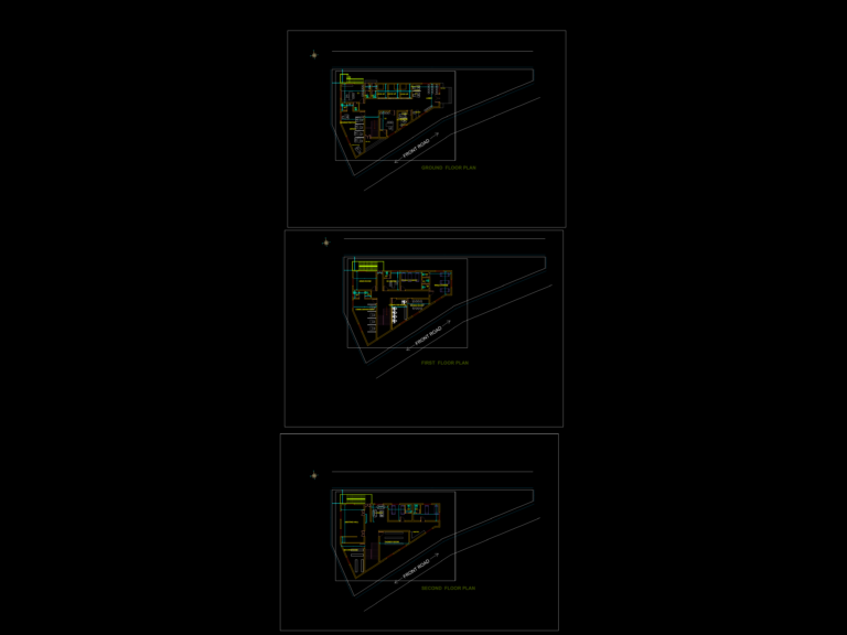 Ground, first, and second floor plans for a three-story police station featuring lockups, offices, and a meeting hall.
