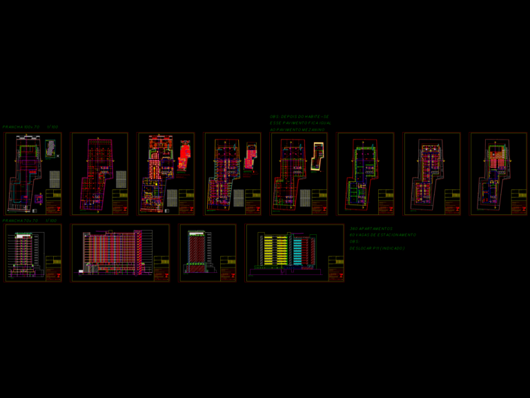 Hotel architectural project sheets featuring floor plans, building elevations, and sections.