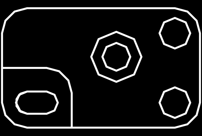 Top view CAD wireframe of a rectangular mechanical plate with octagonal and oval cutouts.