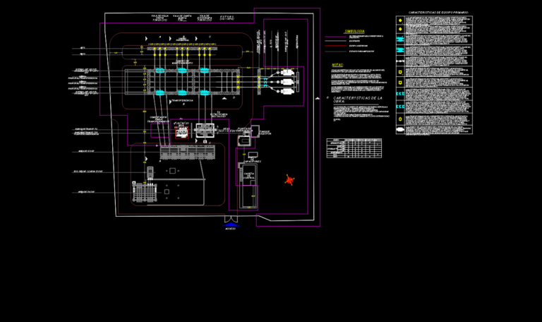 2D CAD layout plan of a 115/34.5 kV electrical substation showing busbars, transformers, and equipment legend.
