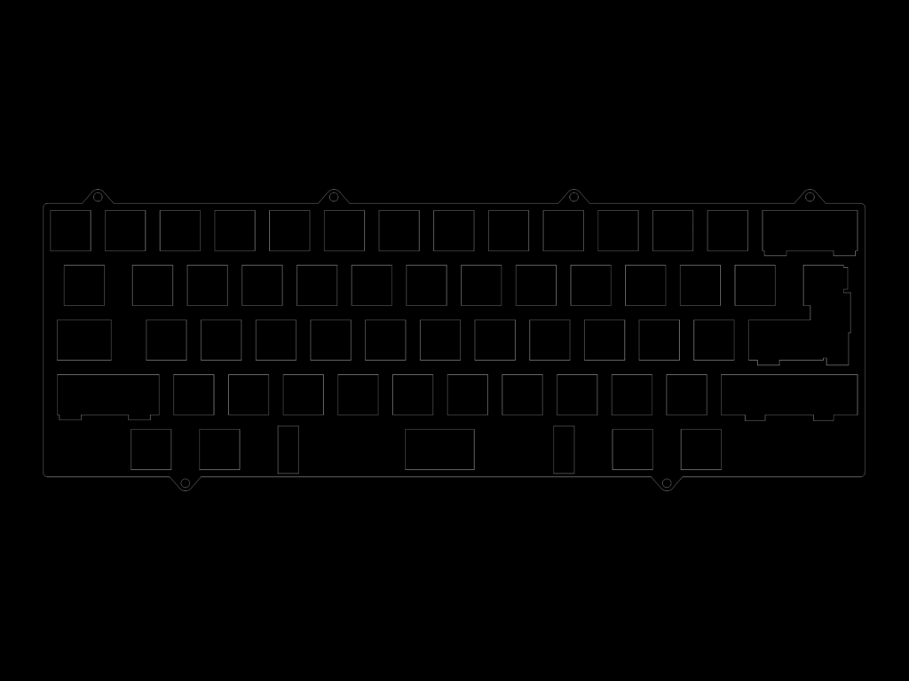 2D CAD drawing of a 60 percent mechanical keyboard switch plate with ISO layout and six perimeter mounting tabs.