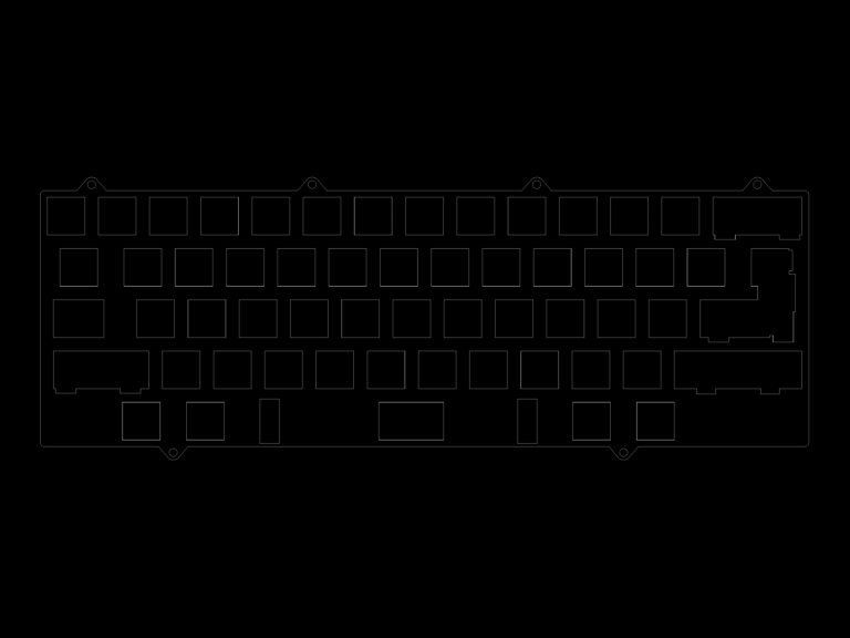 2D CAD drawing of a 60 percent mechanical keyboard switch plate with ISO layout and six perimeter mounting tabs.