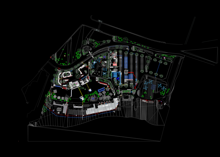 CAD site plan layout for a music festival showing stages, vendor locations, and site logistics infrastructure.