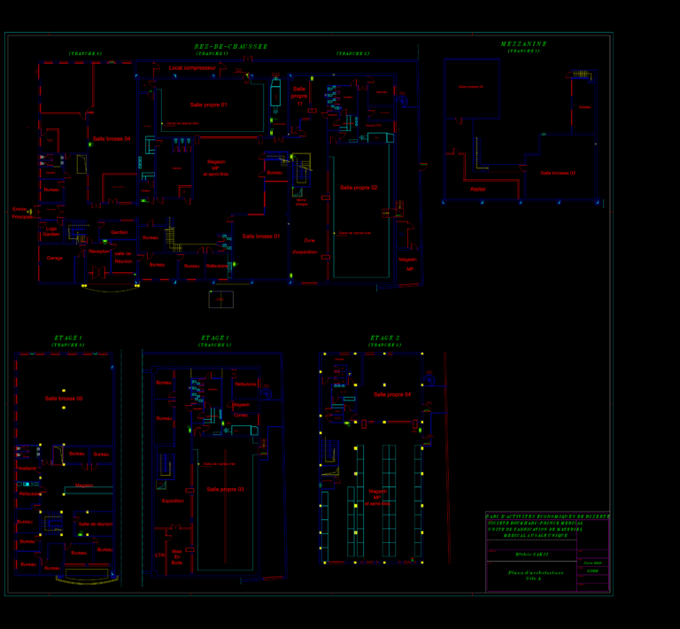 Multi-level architectural floor plans for a medical manufacturing plant featuring offices, workshops, and clean rooms.