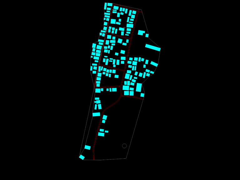 Village water balance CAD drawing showing a site plan, supply-demand balance scale, and topographic terrain sections.