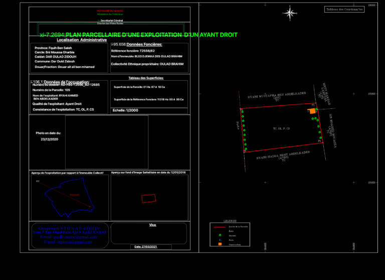 Agricultural parcellary plot plan showing land boundaries, coordinate markers, area data, and site legend.