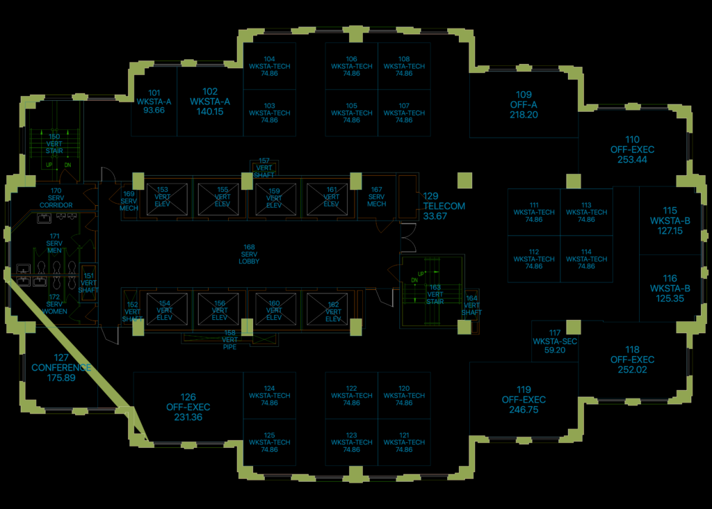 Architectural floor plan of a corporate office level with workstations, executive suites, and central elevator core.