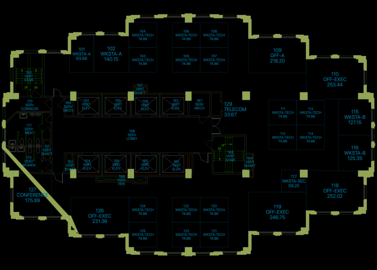 Architectural floor plan of a corporate office level with workstations, executive suites, and central elevator core.