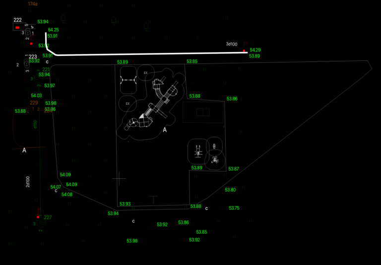 Site plan drawing of a playground square with equipment layout, survey spot levels, and utility drainage infrastructure.
