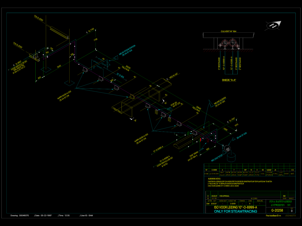 Industrial isometric drawing of a 10 inch steam tracing pipeline with culvert section and sleeper pipe shoe details.