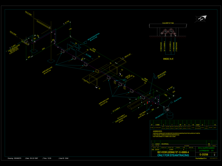 Industrial isometric drawing of a 10 inch steam tracing pipeline with culvert section and sleeper pipe shoe details.