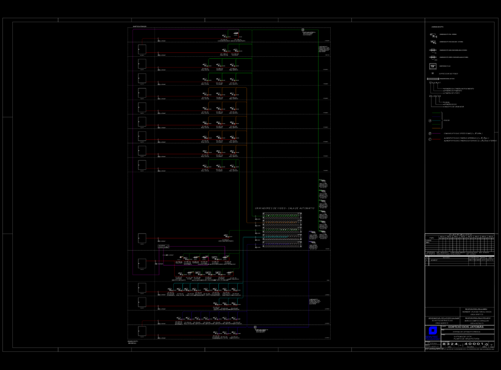 Technical CCTV riser diagram for a multi-story building showing camera legends and central video recorder connections.