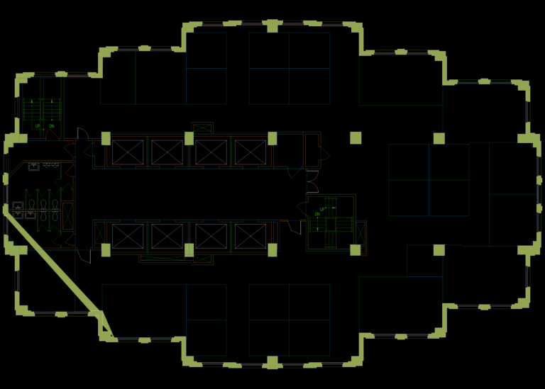 Architectural CAD floor plan of a commercial office building with central elevator core, restrooms, and workstations.