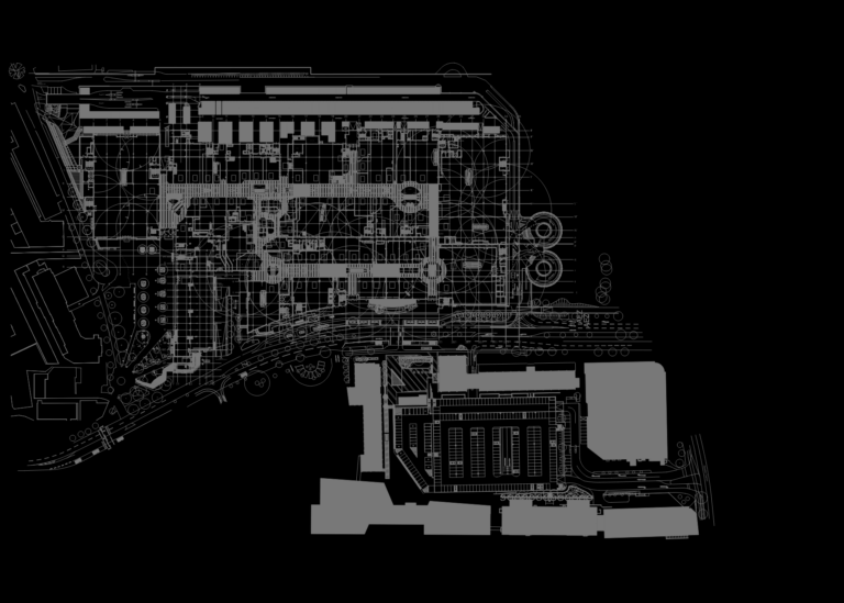 Ground floor and site layout CAD plan for the AEZ shopping mall showing internal shops and external road network.