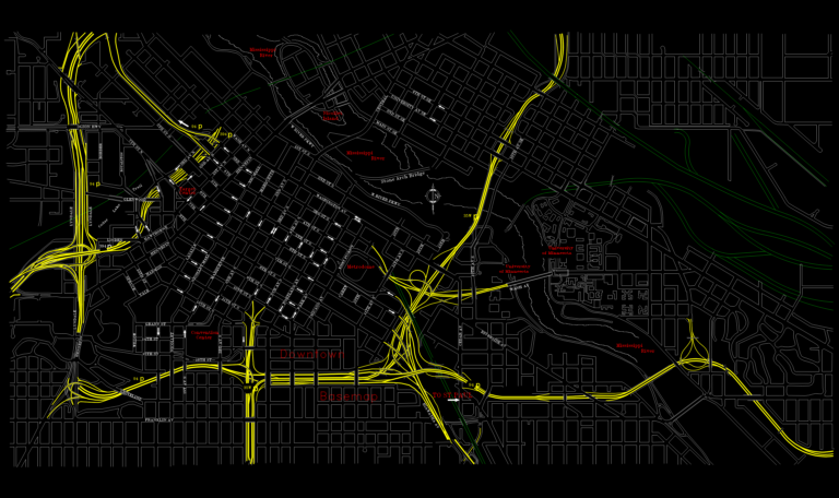 CAD basemap of downtown Minneapolis showing the street grid, interstate highways, rail lines, and the Mississippi River.