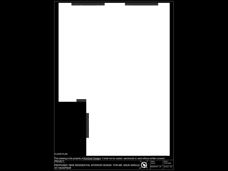2D interior layout plan of a 1BHK apartment showing furniture placement, room dimensions, and storage units.