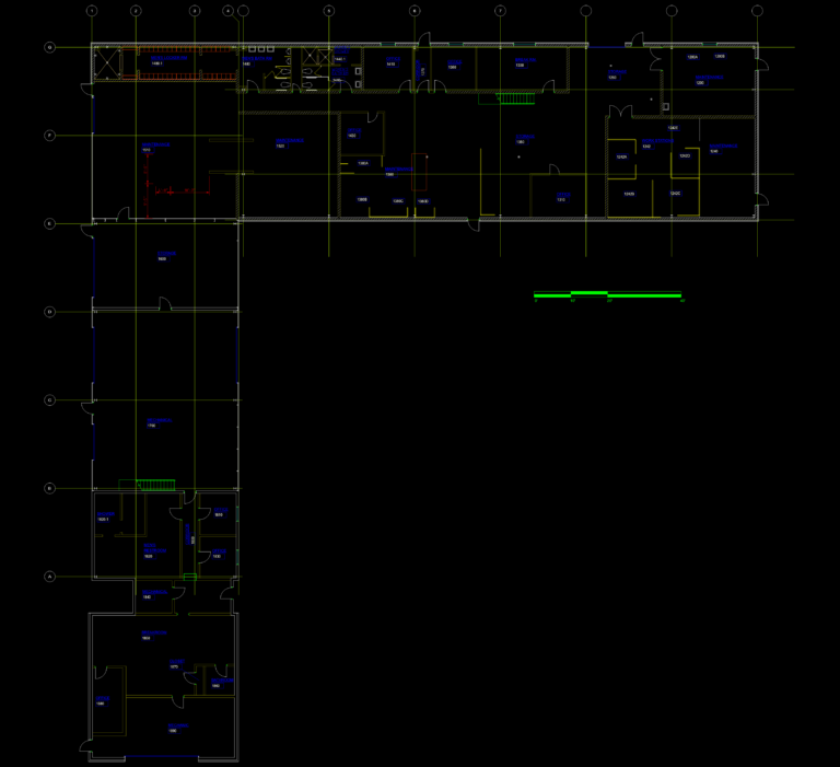 CAD floor plan of an industrial maintenance building with office areas, storage, lift bays, and safety equipment labels.