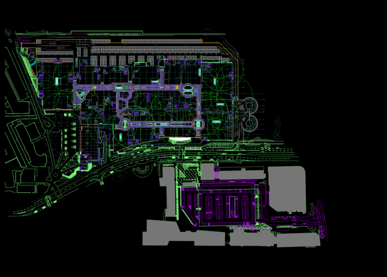 CAD ground floor layout of Alstertal-Einkaufszentrum showing retail shops, parking stalls, and site plan context.